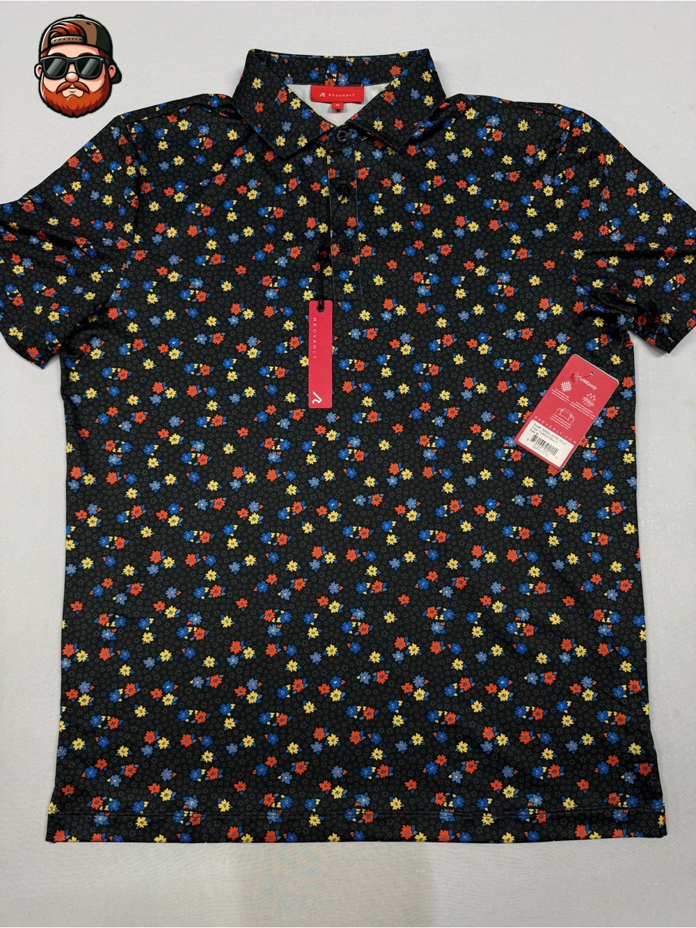 Redvanly Men’s Medium Black Floral Performance Golf Polo NWT